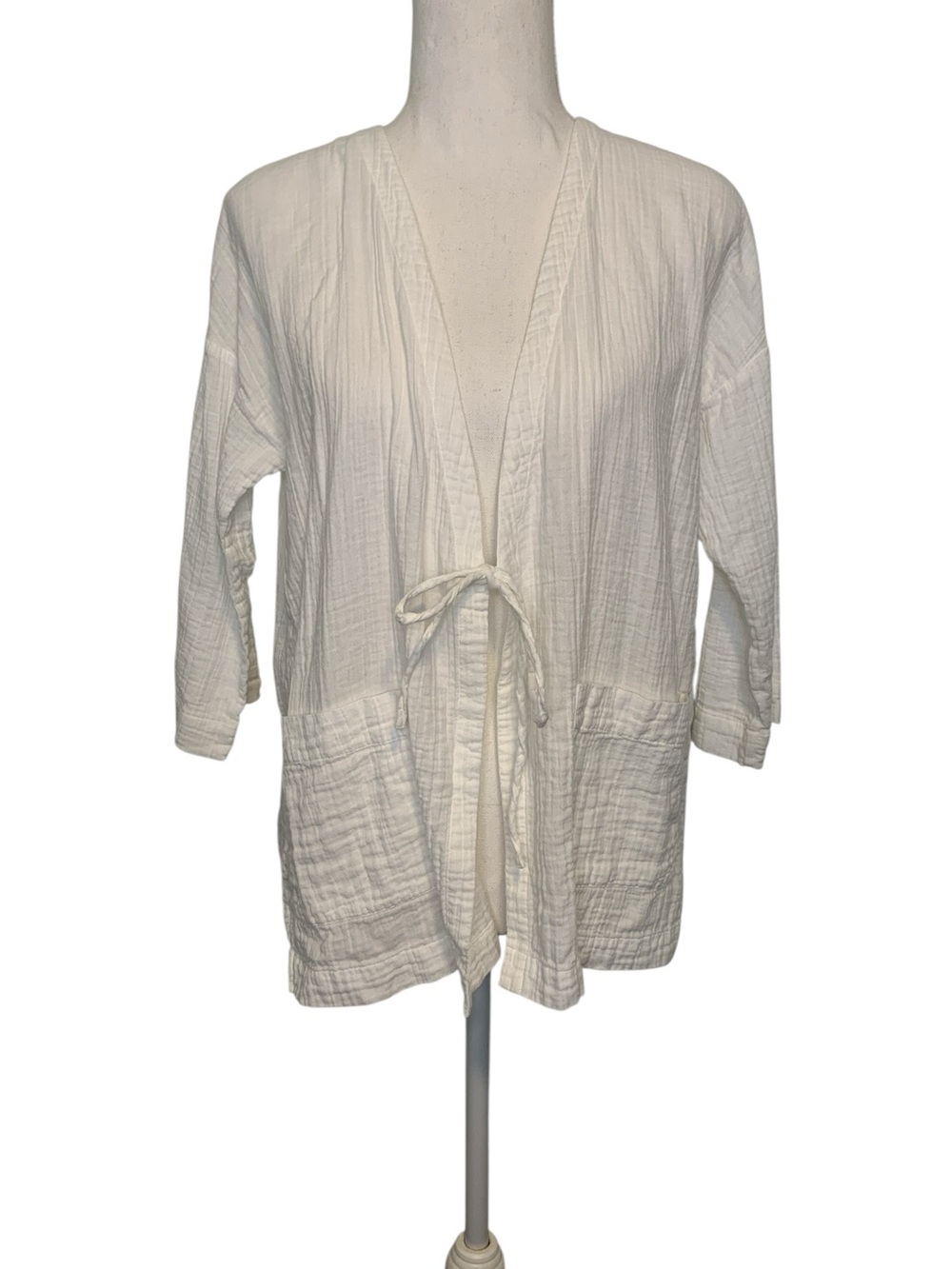 Eileen Fisher White Open-Front Organic Cotton Gauze Jacket Kimono